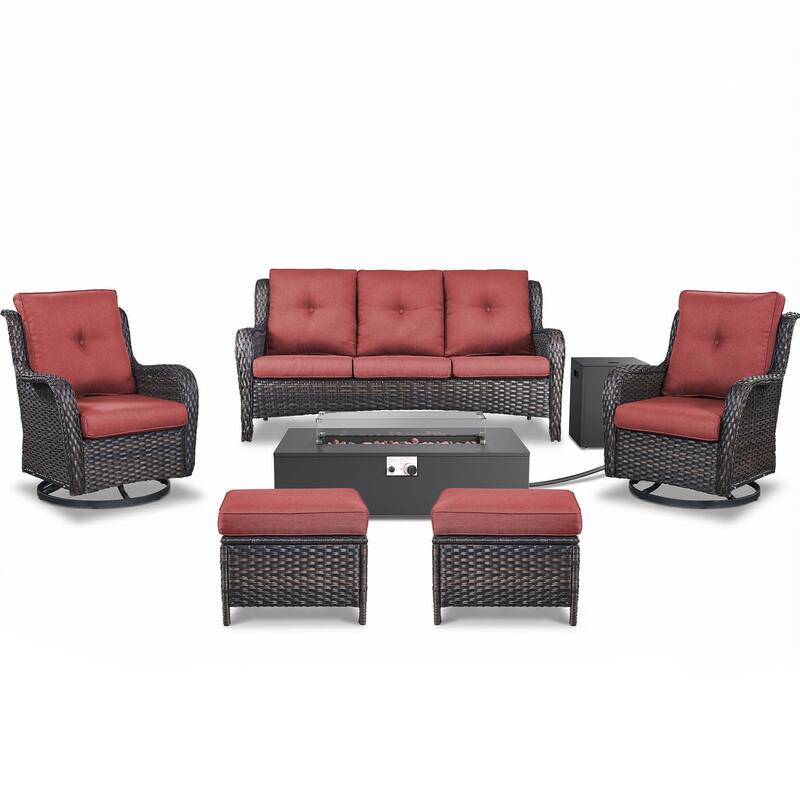 Pocassy Patio 5/7 Piece Sofa Swivel Chair Ottoman with Fire Pit Table