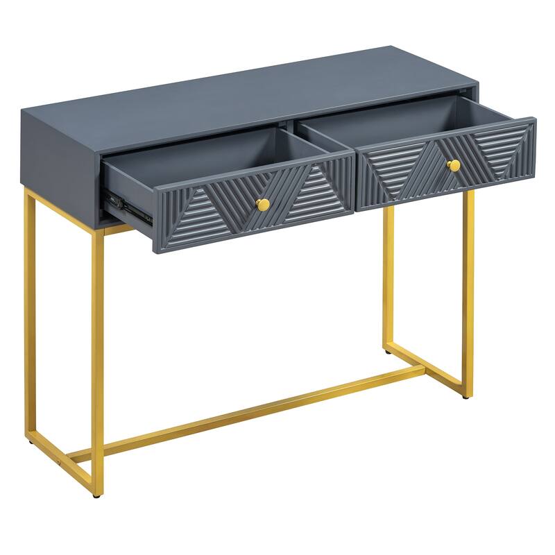 38" Modern Console Table with Two Drawers and Gold Metal Base for Entryway, Living Room