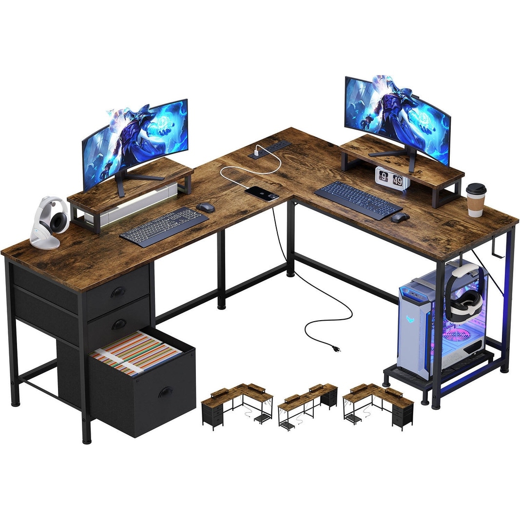 L Shaped Computer Desk with Storage Shelves & Monitor Stand