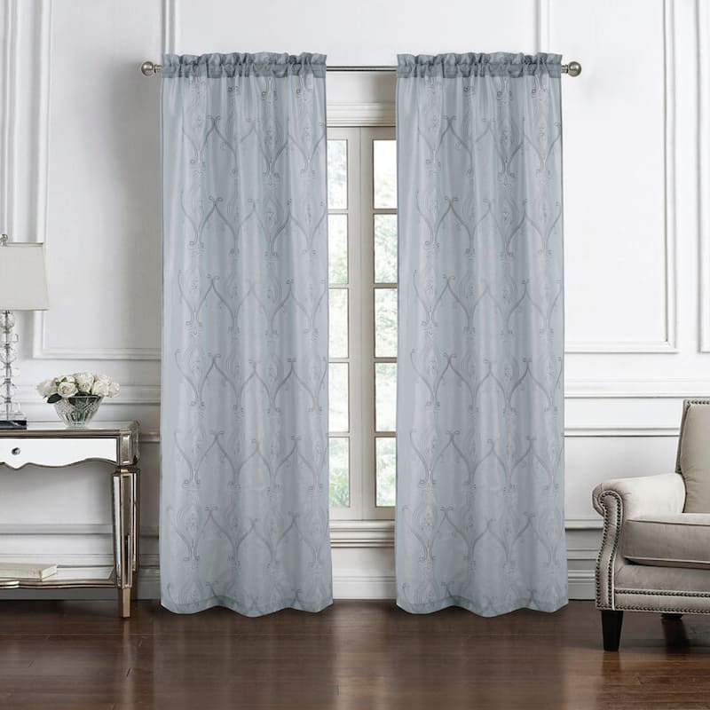 Pearl Embroidered Damask Window Curtain Panel Pair - Silver