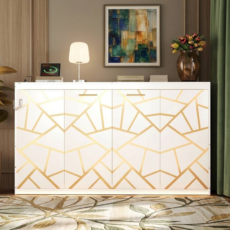 SideFold Murphy Bed with Geometric Art Panels, USB Power Hub & LED Glow by Harper&Bright Designs
