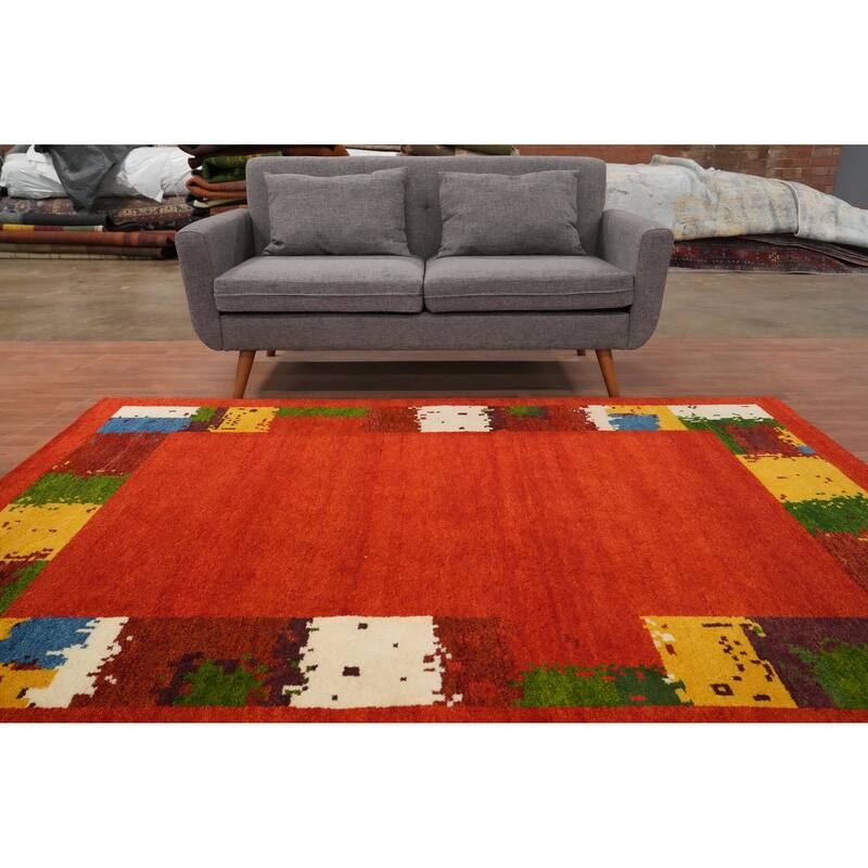Hand Knotted Oriental 100% Wool Carpet Modern Solid Oranges & Rust Gabbeh Area Rug - 7' 10'' X 5' 6''