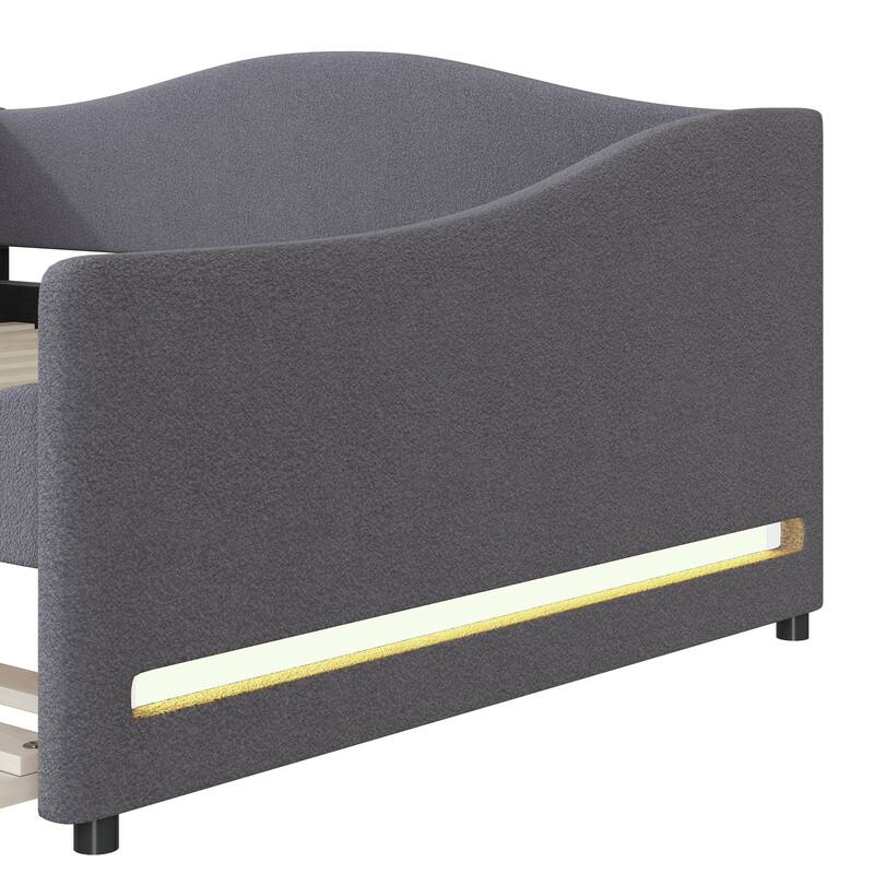 Comfort & Soft Daybed with LED & Trundle, Curve Design-Full Size, Grey