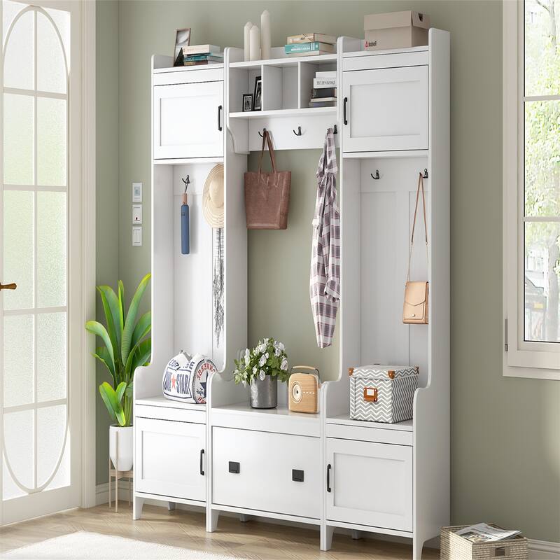 Entryway Coat Rack Shoe Bench Set, Hallway Coat Rack with Storage Drawer Industrial Hall Tree Coat Shoe Rack