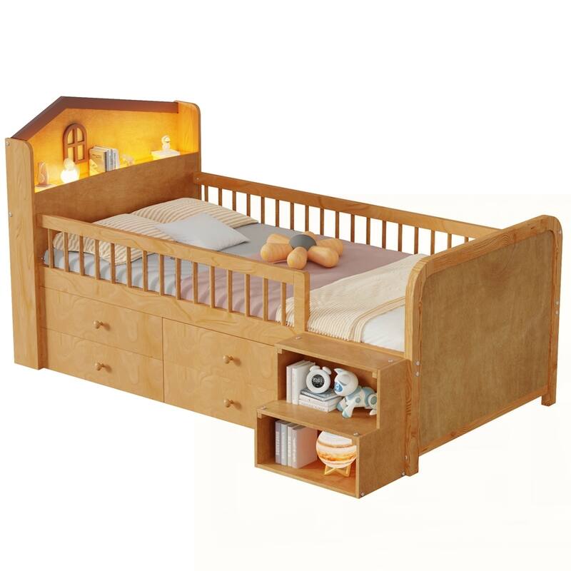 Wooden Twin Loft Bed with House Shape Headboard
