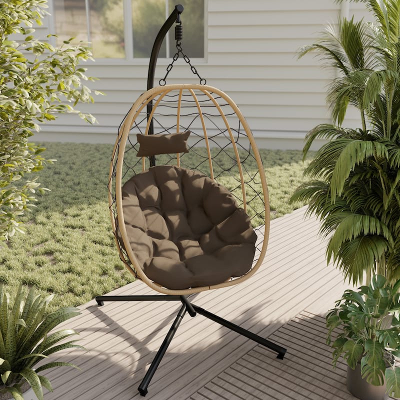 Summit Hanging Egg Swing Chair with Brown Frame & Foldable Shell for Home Patio Garden Backyard Porch