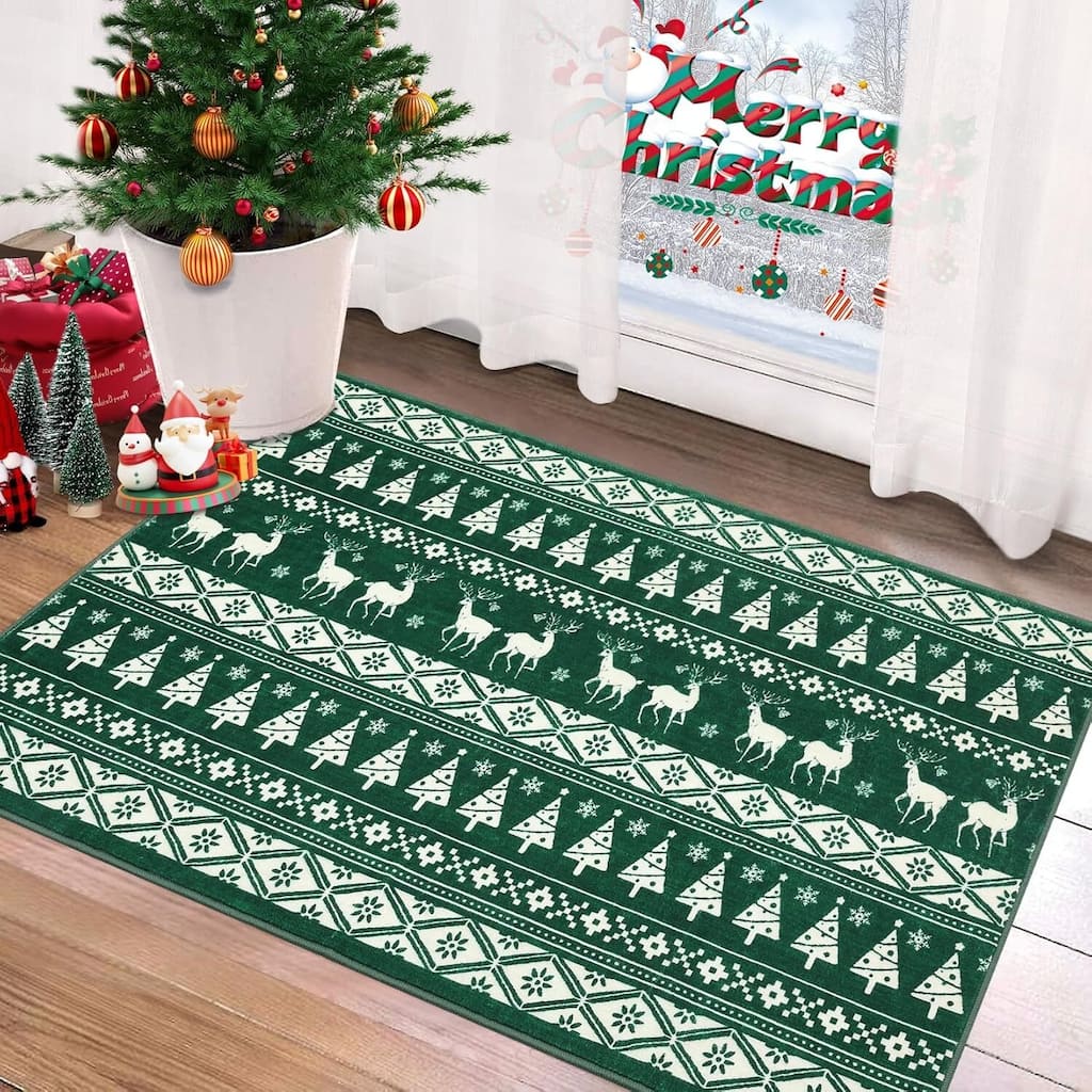 Snowflake Christmas Holiday Decorative Area Rug, for Bedroom Living Room, Green