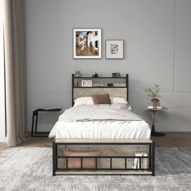 Modern Twin Size Solid Platform Bed Frame with Headboard and Charging Station - Twin - Black+ Grey