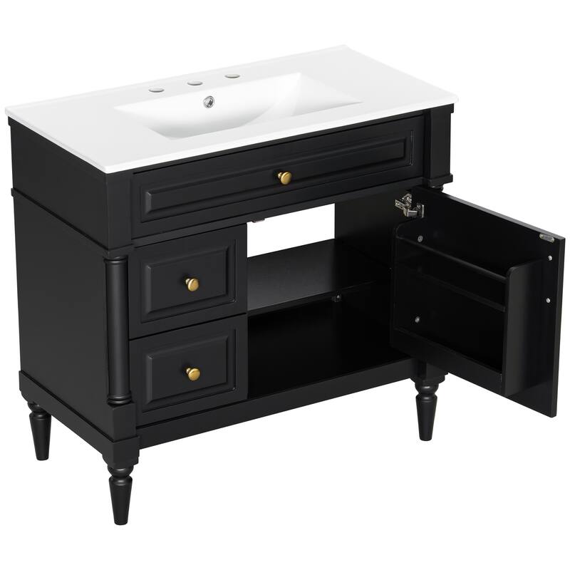 Roomfitters 36" Bathroom Vanity with Sink, Solid Wood Frame, Flip Drawer, 2 Drawers & Door Rack