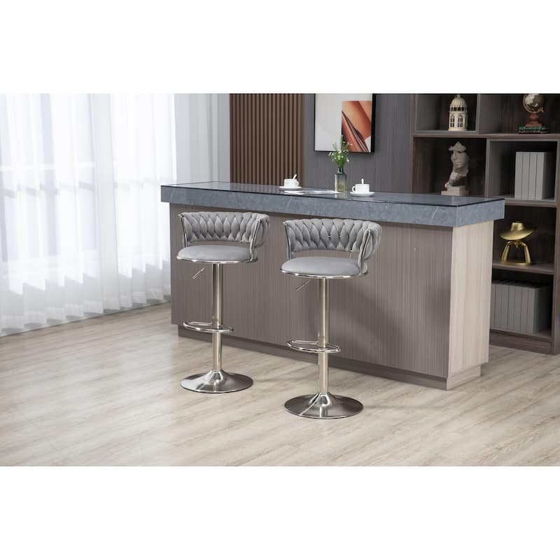 Velvet Swivel Adjustable Height Bar Stools With Sliver Footrest(set of 2)