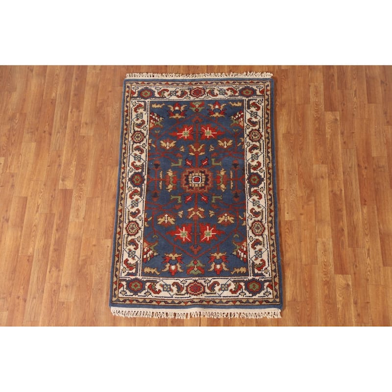 Blue Floral Oushak Indian Area Rug Hand-knotted Wool Carpet - 3'0"x 4'9"