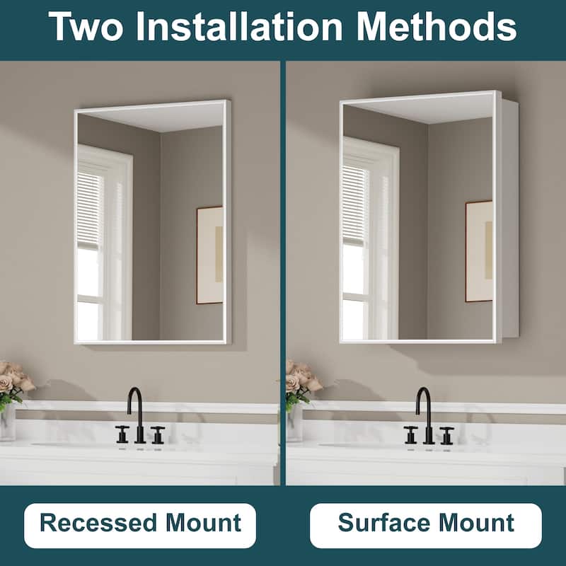 Elise Iron Medicine Cabinet with Mirror, Adjustable Shelves, Recessed or Wall Mount