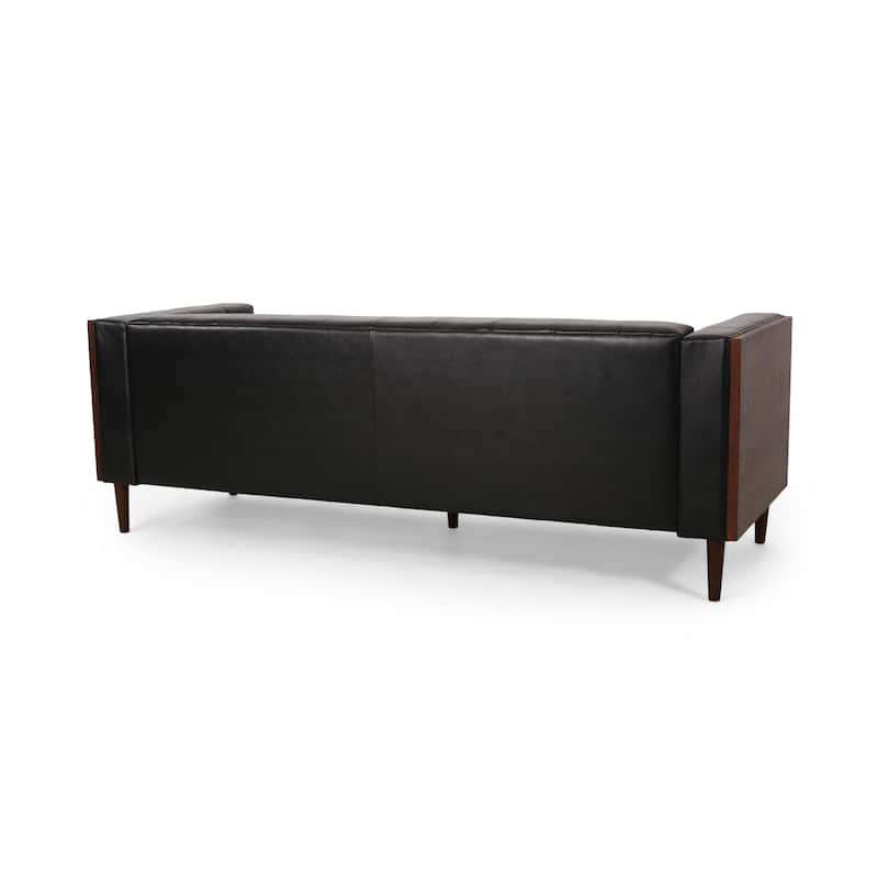 Biya Sofa, 90 Inch, Chesterfield Tufted Black Faux Leather, 2 Pillows