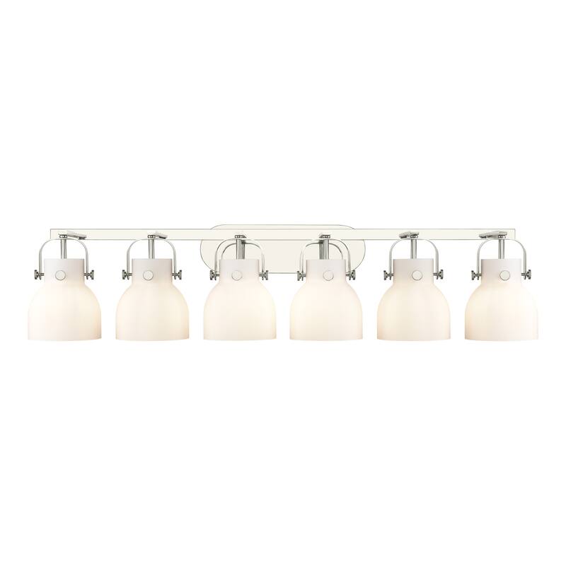 Innovations Lighting Pilaster II Bell - 6 Light 46" Wall-Mounted Bath Vanity Light - Polished Nickel/Matte White