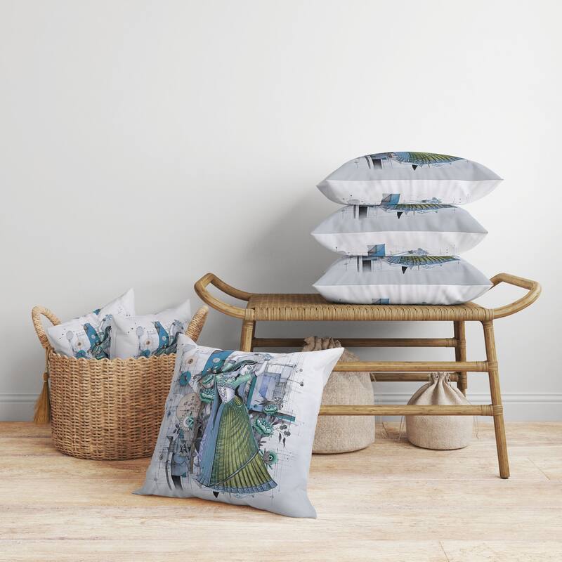 Gracefully Dancing Woman Faux Suede Reversible Throw Pillow Green and Blue