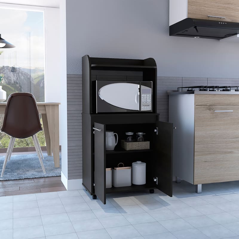 Kitchen Kart, Double Door Cabinet, One Open Shelf, Two Interior Shelves -White