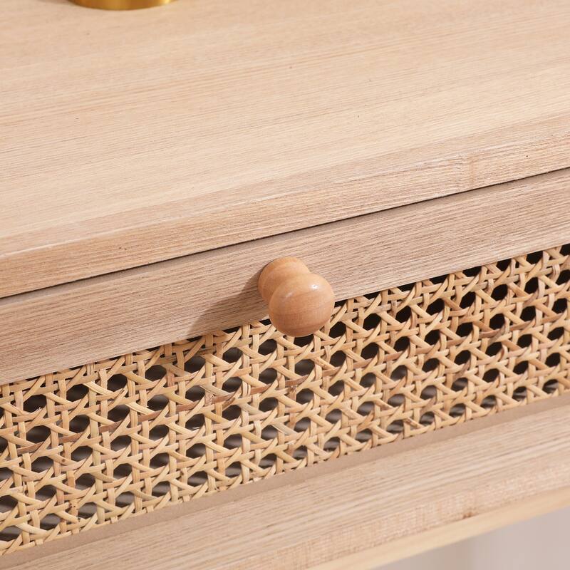 Side table with two real rattan drawers, solid wood table legs,can be used in the dining room, living room,bedroom