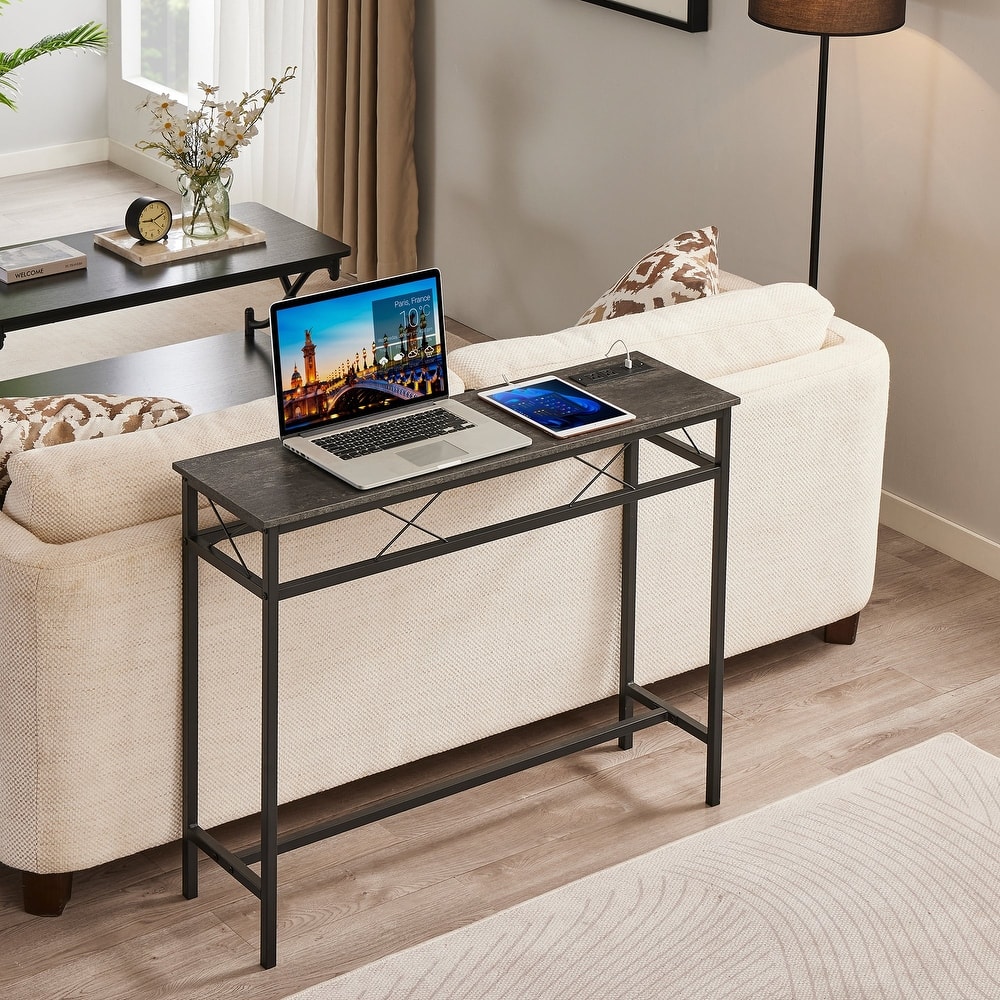 VECELO Industrial Rectangular Console Table with AC Power and USB Charging Ports Multi-Purpose Metal Console Table for Entryway