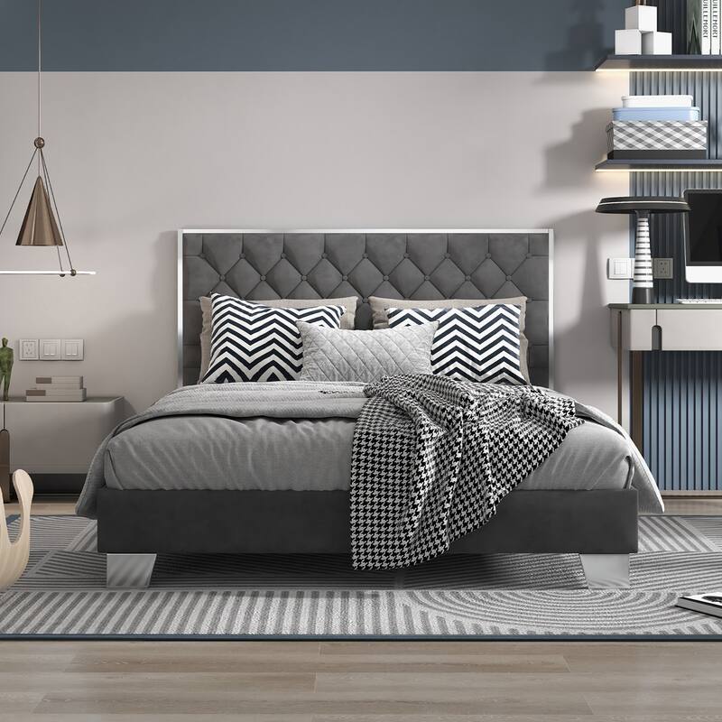 Costway Upholstered Bed Mattress Foundation with Button Tufted Velvet
