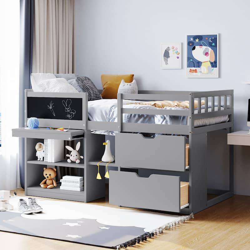 Twin Size Loft Bed with Rolling Desk, Doodle Board, Shelf, and Drawers