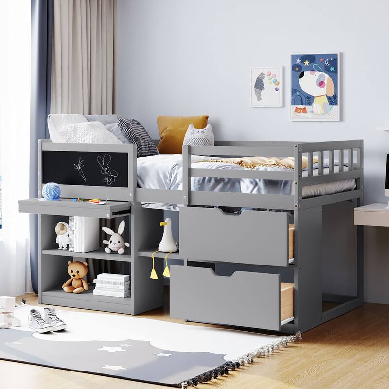 Twin Size Low Loft Bed with Rolling Desk, Shelf, and Drawers in Gray - Gray