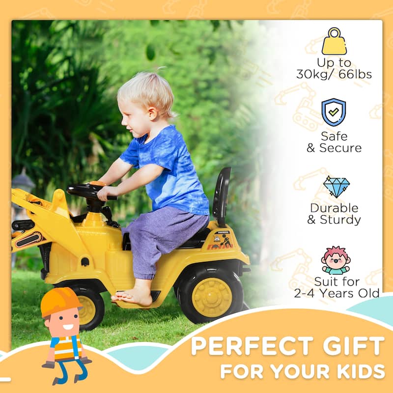 Kids Excavator Ride-On Toy with Rope Pull and Back-Up Beeps Storage Under Seat for Outdoor Play - 32.75" L x 10.75" W x 15.25" H