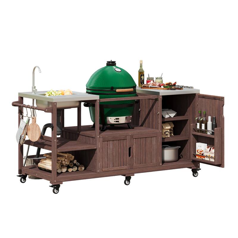 75.4" Rolling Outdoor Kitchen Island with Stainless Steel Top, Premium Solid Wood Grill Cart with Sink and Wheels for Outdoor