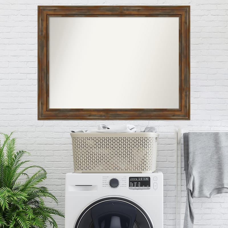 Non-Beveled Wood Bathroom Wall Mirror - Alexandria Rustic Brown Frame