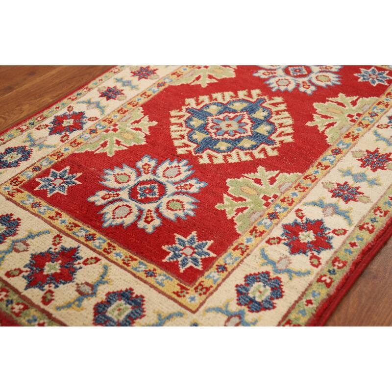 Red Geometric Kazak Accent Foyer Rug Handmade Oriental Wool Carpet - 2'0"x 3'0"
