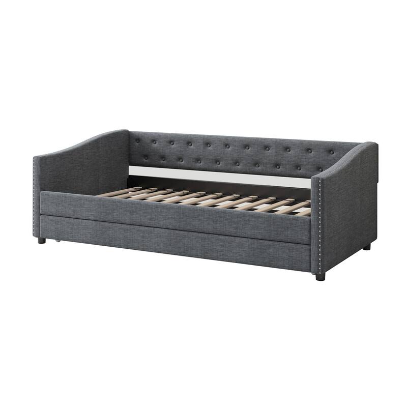 Upholstered Tufted Twin Size Daybed with Twin Size Trundle Sofa Bed