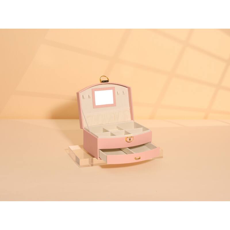2 Layer Jewelry Box for Girls, PU Leather Jewelry Organizer Case Storage Display Holder with Drawer, Removable Jewelry Tray