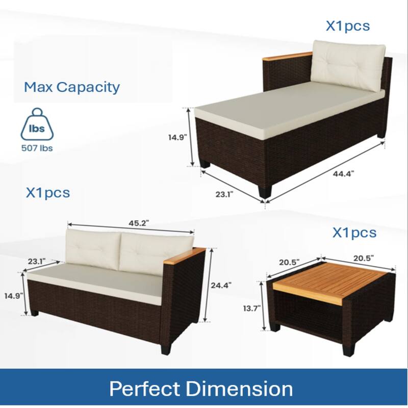 3-Piece L-Shaped Wicker Set with Beige Cushions and Acacia Wood Storage Table