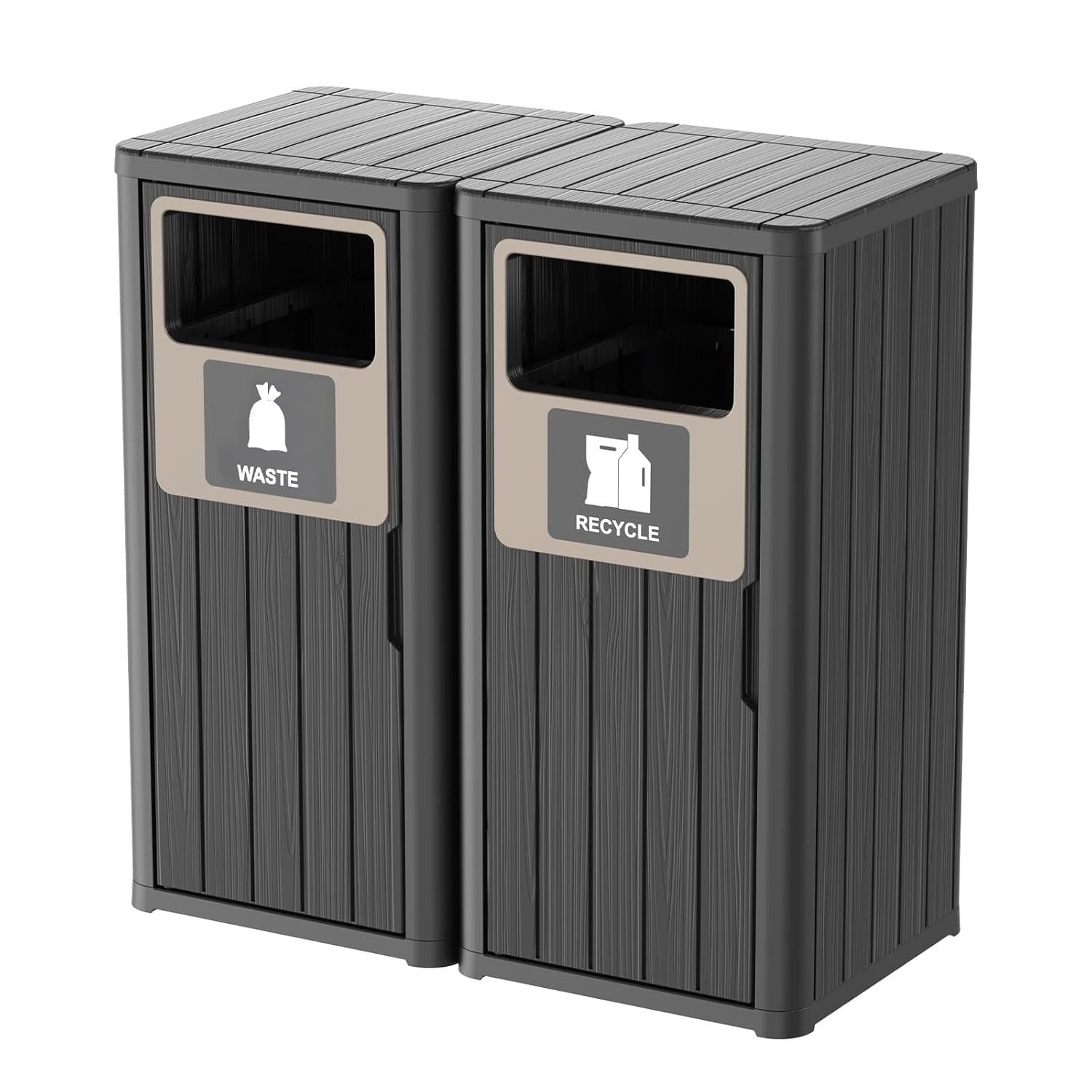 Outdoor Double Barrel Trash Can,Waterproof Resin Garbage Can with Garbage Labels,Durable Waste Bin for Porch, Backyard,Kitchen