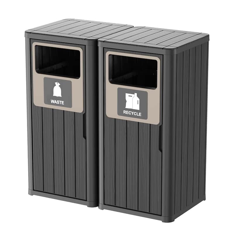 Outdoor Double Barrel Trash Can,Waterproof Resin Garbage Can with Garbage Labels,Durable Waste Bin for Porch, Backyard,Kitchen - Black