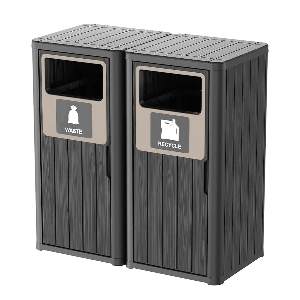 Outdoor Double Barrel Trash Can,Waterproof Resin Garbage Can with Garbage Labels,Durable Waste Bin for Porch, Backyard,Kitchen