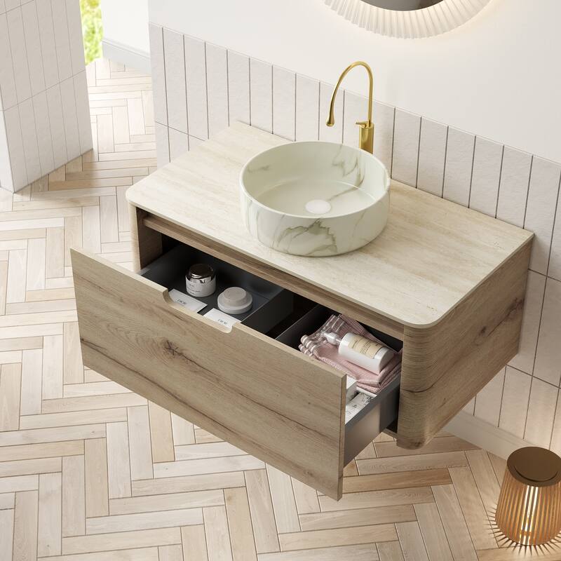 GDFStudio - Xai Floating Bathroom Vanity with Travertine-Pattern Sintered Stone Top & White Round Ceramic Basin, WITHOUT Faucet