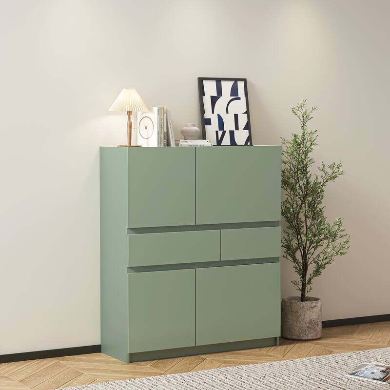 Green 4 Door Wooden Storage Cabinet with Convenient Drawers