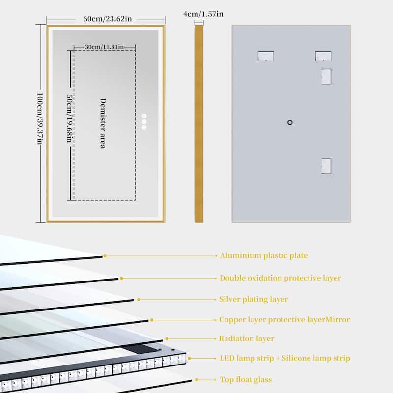 LED Bathroom Mirror Aluminum Framed Anti-Fog Stepless Dimmable Memory
