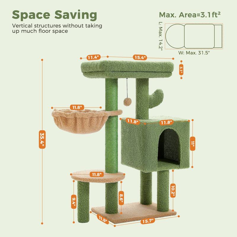 Cat Tree Tower w/Sisal Scratching Post, Condo, Large Top Perch, Hammock & 2 Dangling Balls