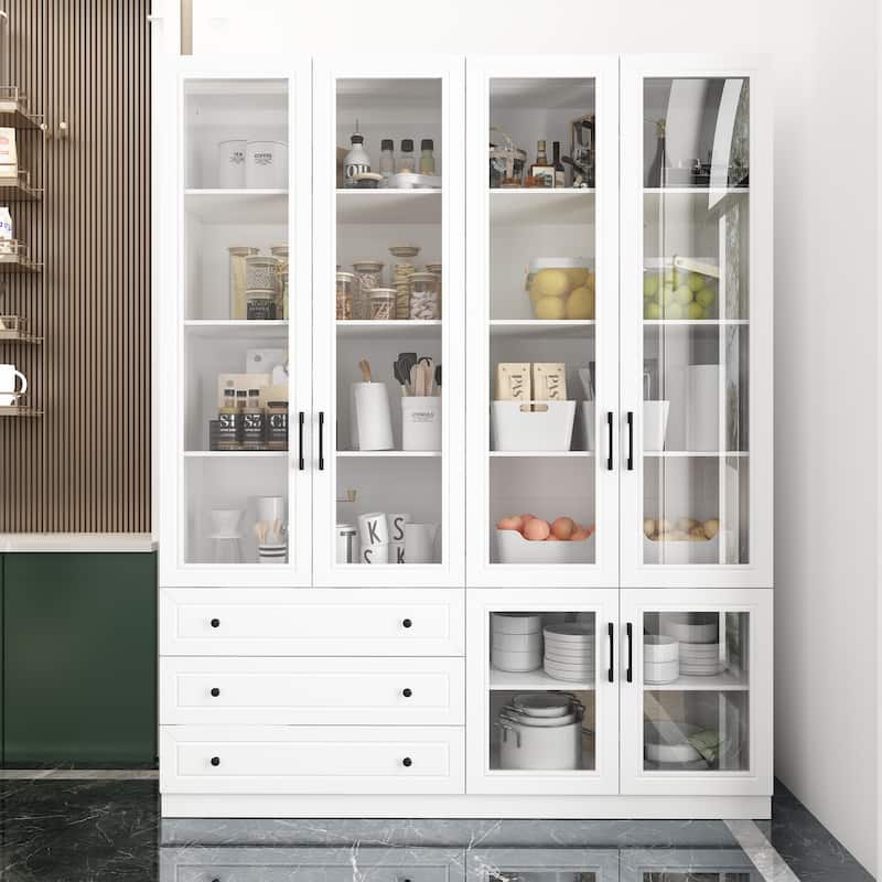 White Storage Solution with Ambient Light Features Pantry Bookshelves - 63"X78.7“