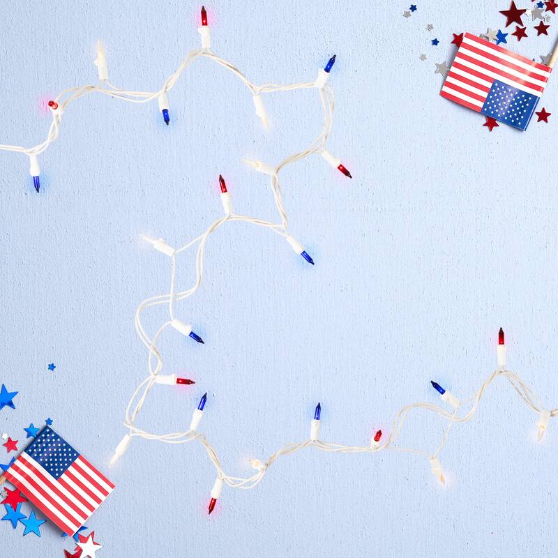 Mini Christmas Light Set - Red, White Blue - 10' - White Wire - 50ct