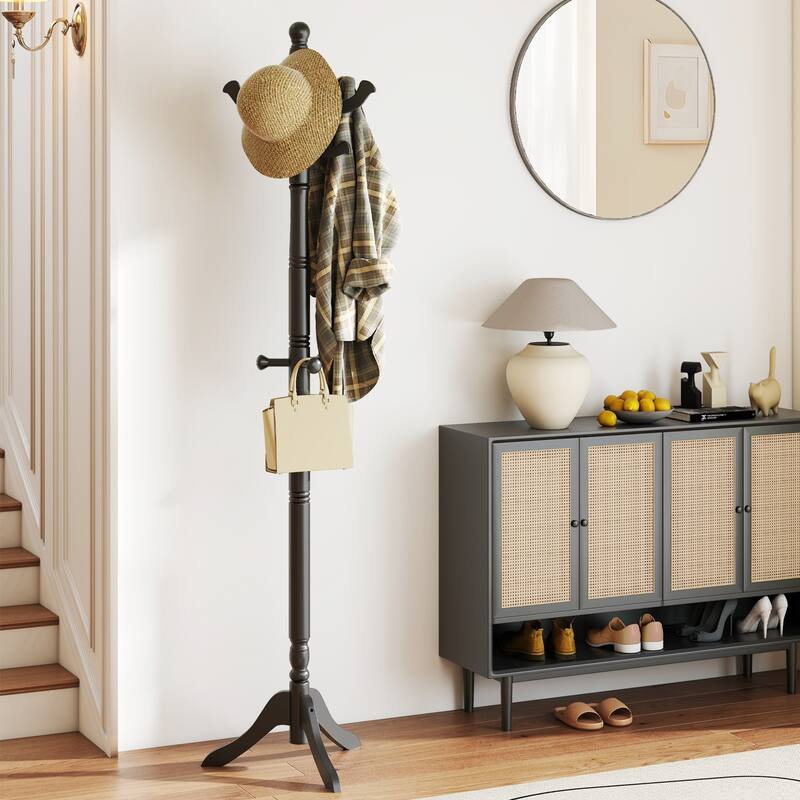 72" Height Adjustable Wooden Coat Rack Tree with 11 Heavy Duty Hooks and Tri-Leg Base for Bedroom or Entryway - 20" x 17" x 72" - Black