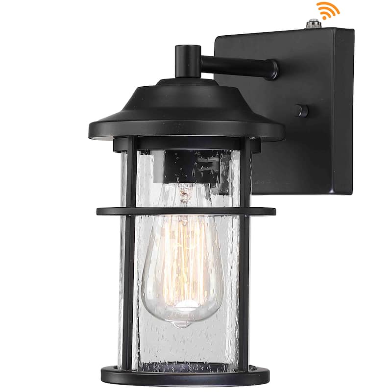 1-Light Matte Black Metal Outdoor Dusk to Dawn Light Seeded Glass Shade