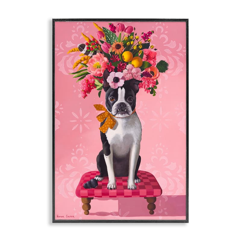 Stupell Bulldog & Pink Bouquet Framed Giclee Art Design By Heather Gauthier - 20 x 30 - Black
