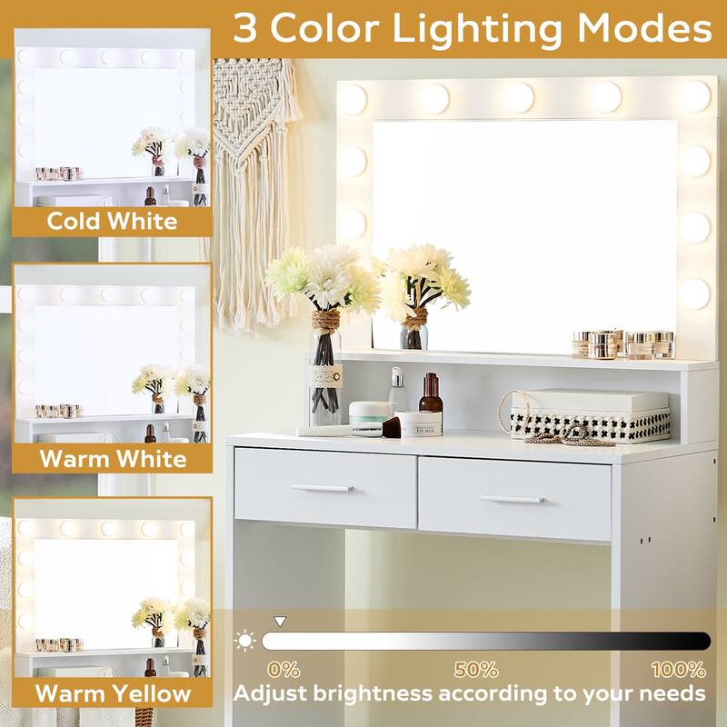Dressing Vanity Desk with Drawer & Mirror with 3 Lighting Modes & Adjustable Brightness