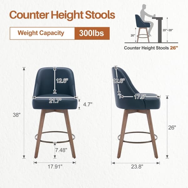 dimension image slide 3 of 7, 26" Counter Height Swivel Bar Stool, Upholstered Counter Stools - 23.8" (D) x 21.7" (W) x 38" (H)