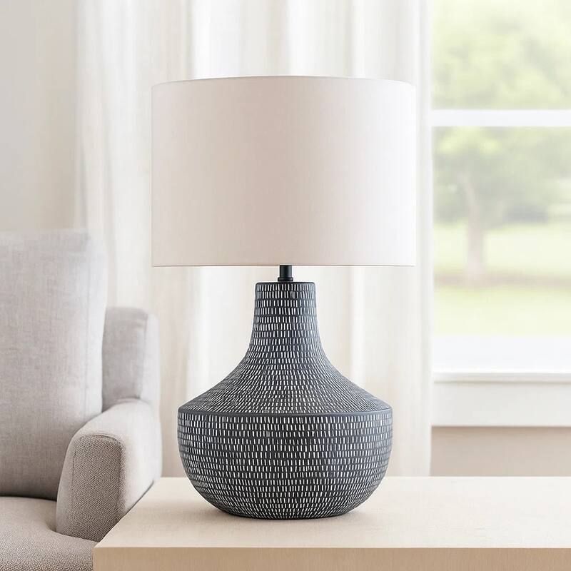 Lym Table Lamp, Gray Hammered Metal Base, White Fabric Shade 28 Inch