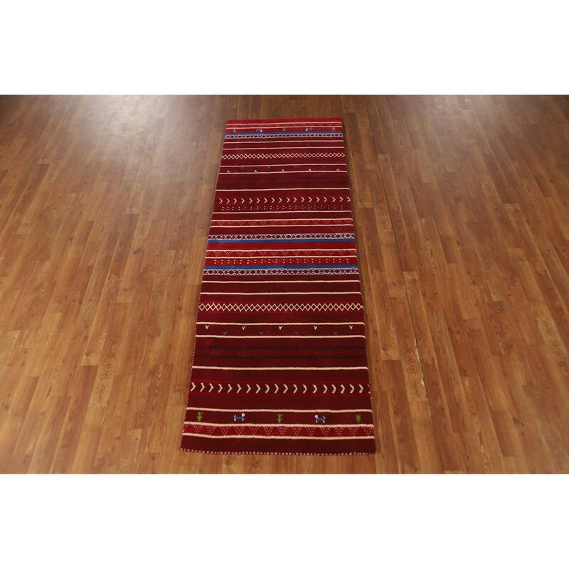 Striped Red Gabbeh Indian Runner Rug Hand-Knotted Wool Carpet - 2'7" x 7'8"