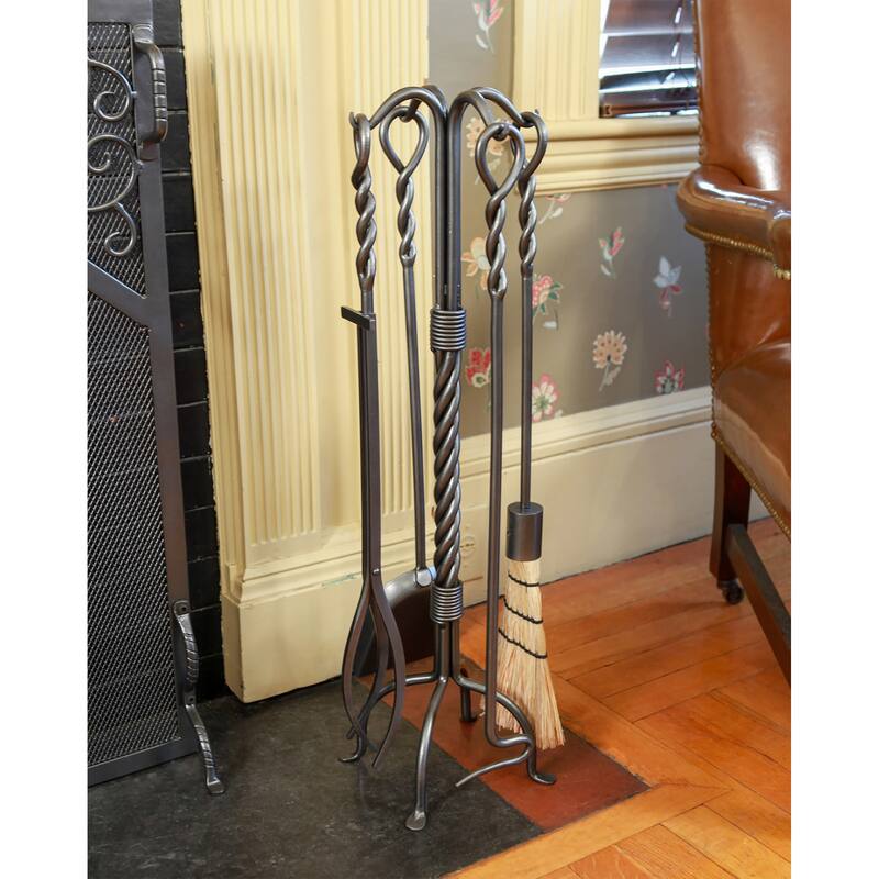 Achla Designs Twisted Rope Fireplace Set of 4 Tools, 30 Inch Tall, Graphite Finish