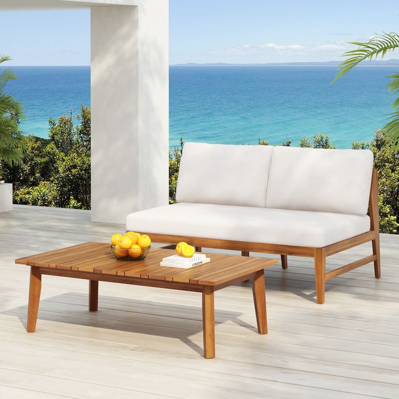 Christopher Knight Home-Rawson Acacia Wood Outdoor Chat Set - Loveseat Set - Teak+Cream